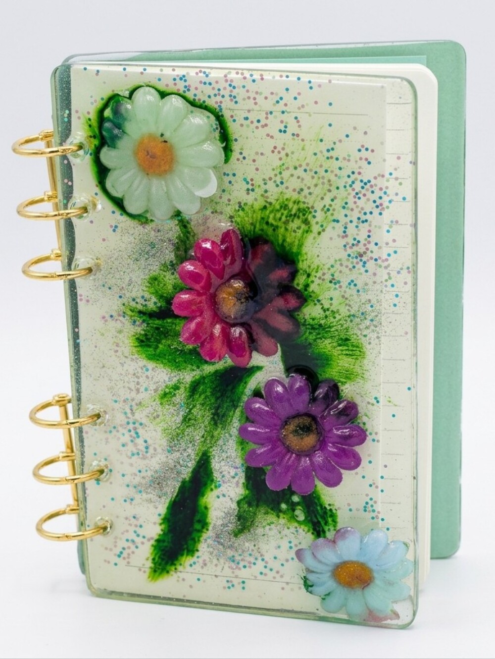 Handcrafted Floral Resin Hardcover Spiral Notebook - Green